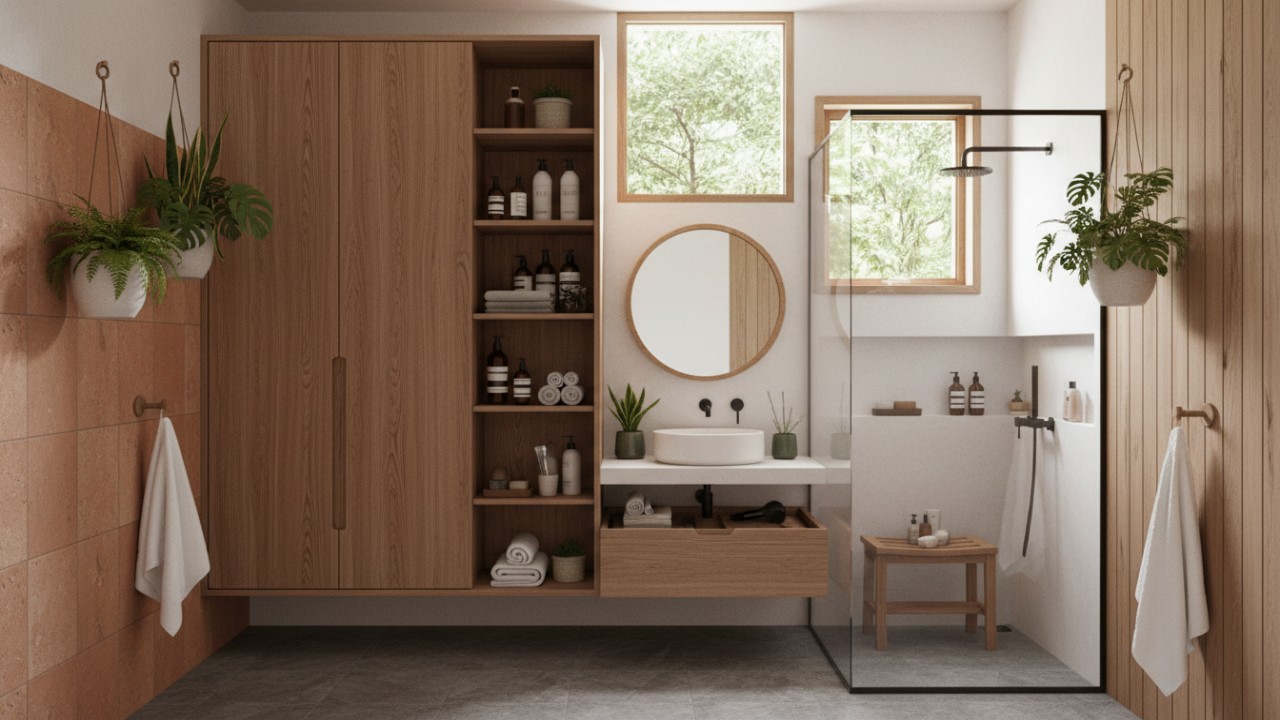 Kamar mandi dengan konsep biophilic design, menambahkan tanaman hias gantung atau dengan manambah tanaman dalam pot