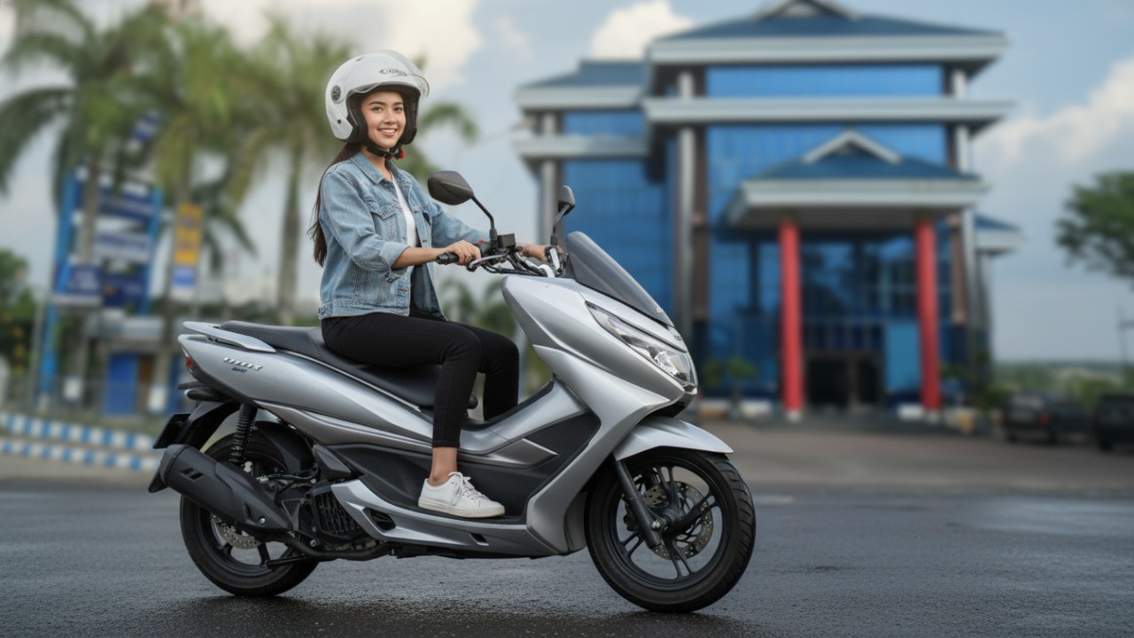 Tampilan Suzuki Burgman 150 bergaya maxi scooter dengan bodi besar, lampu LED, dan nuansa premium yang mencuri perhatian.
