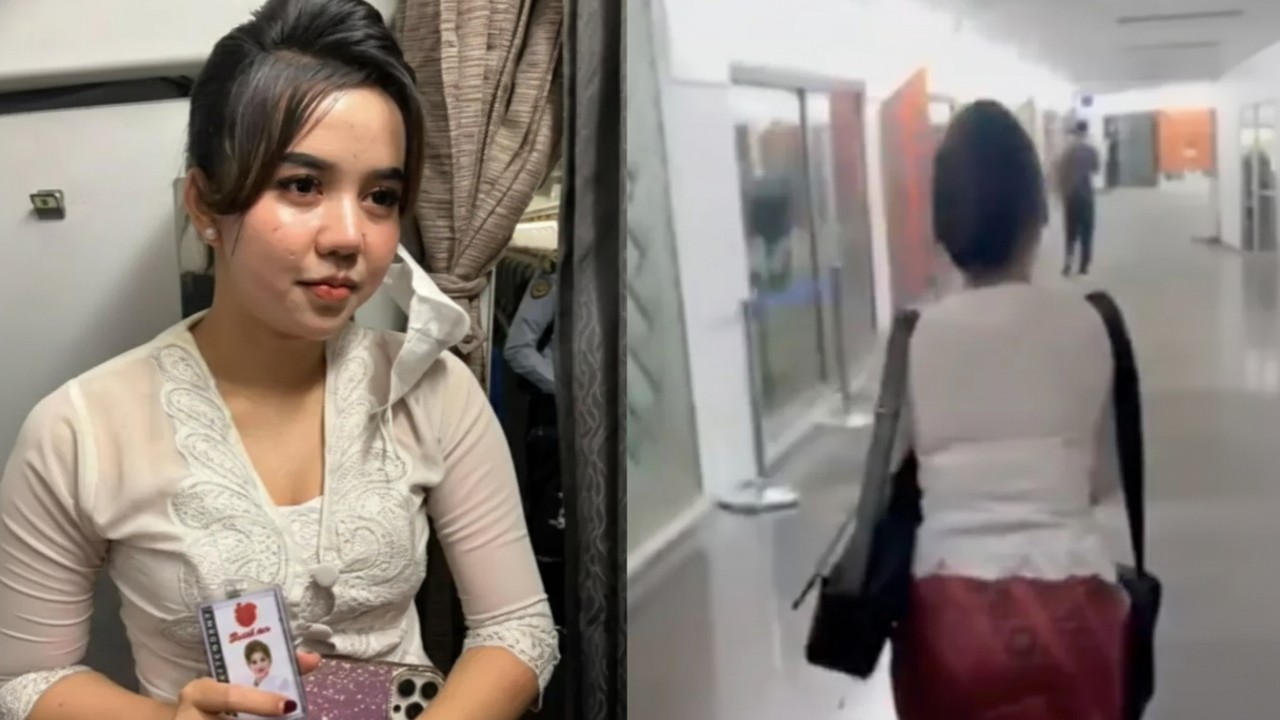 Tampilan pramugari gadungan dengan seragam kebaya putih yang viral di media sosial dan memicu perhatian publik.
