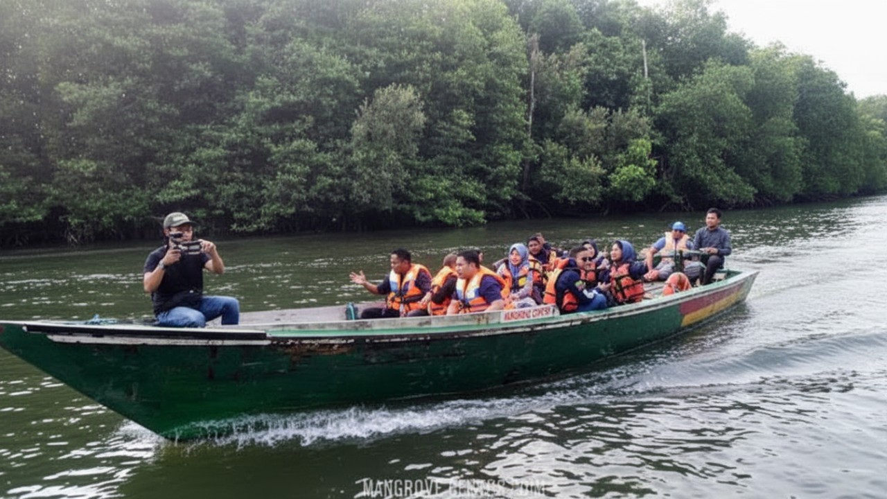 Hutan mangrove hijau di Mangrove Center Graha Indah Balikpapan, suasana alami yang menenangkan dan edukatif.