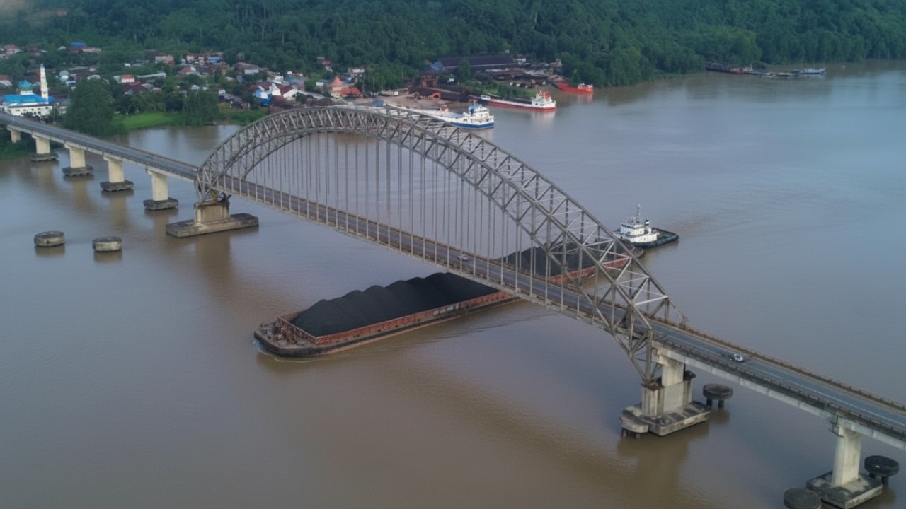 Aktivitas pengawasan kapal di Sungai Mahakam dengan latar jembatan, simbol pengamanan aset vital daerah.