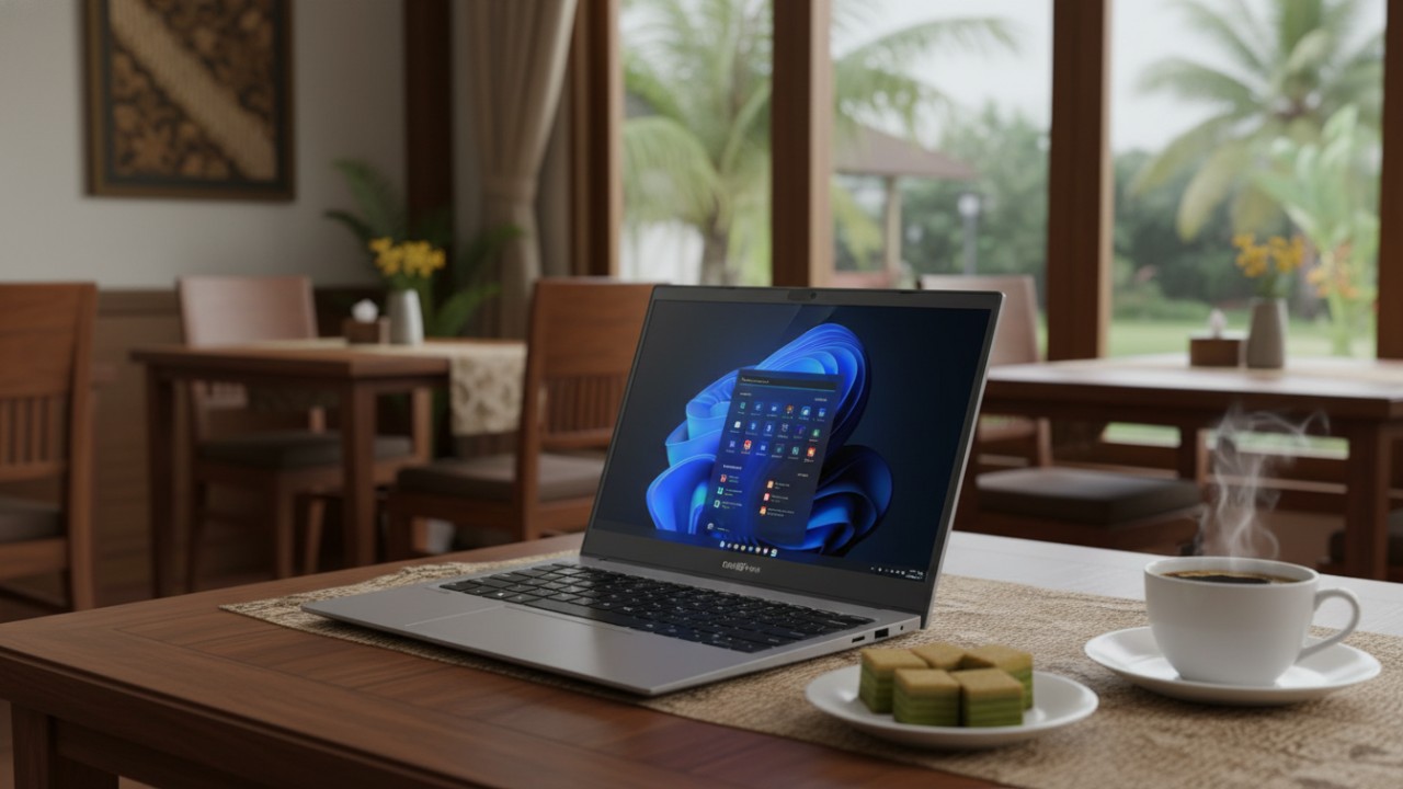 Tampilan laptop Advan Workplus Air dengan desain aluminium dan layar OLED yang mencuri perhatian.
