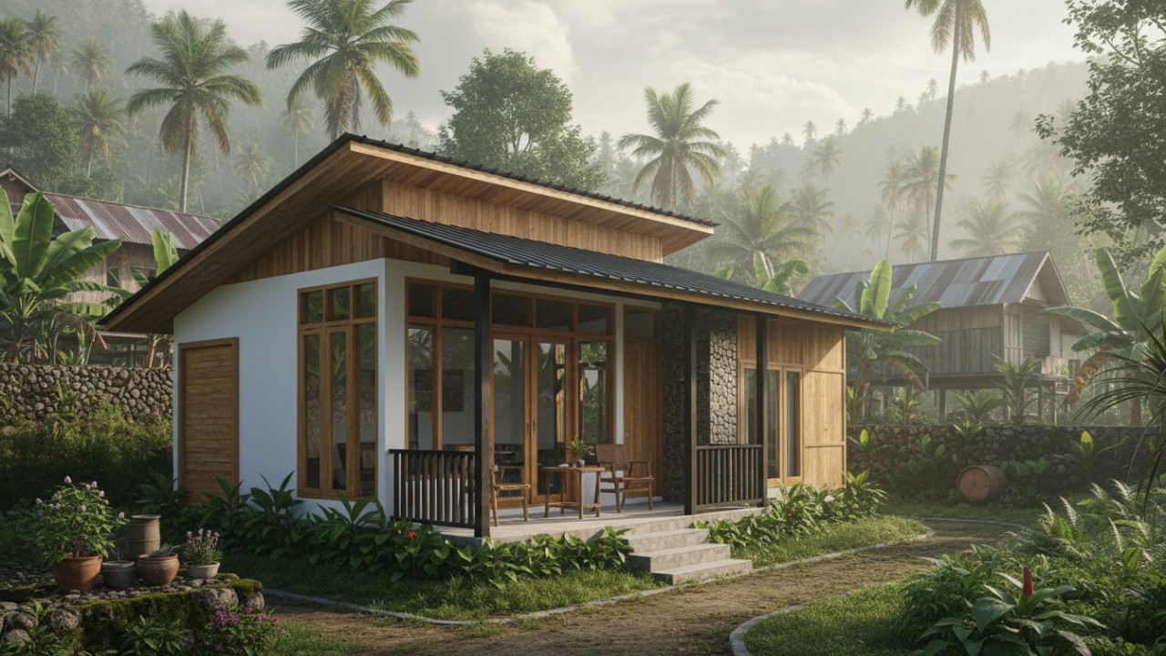 Tampilan rumah minimalis sederhana di desa dengan material alami, halaman hijau, dan desain yang menyatu dengan lingkungan.