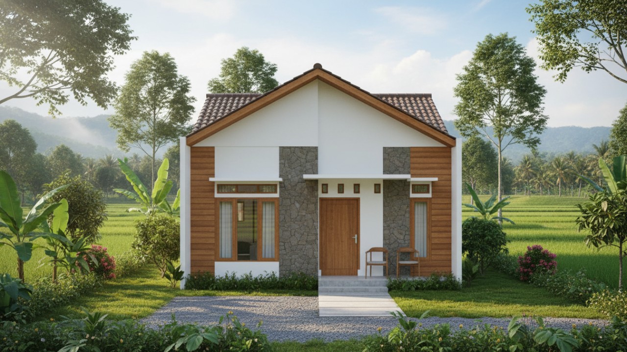 Rumah minimalis dengan latar belakang persawahan