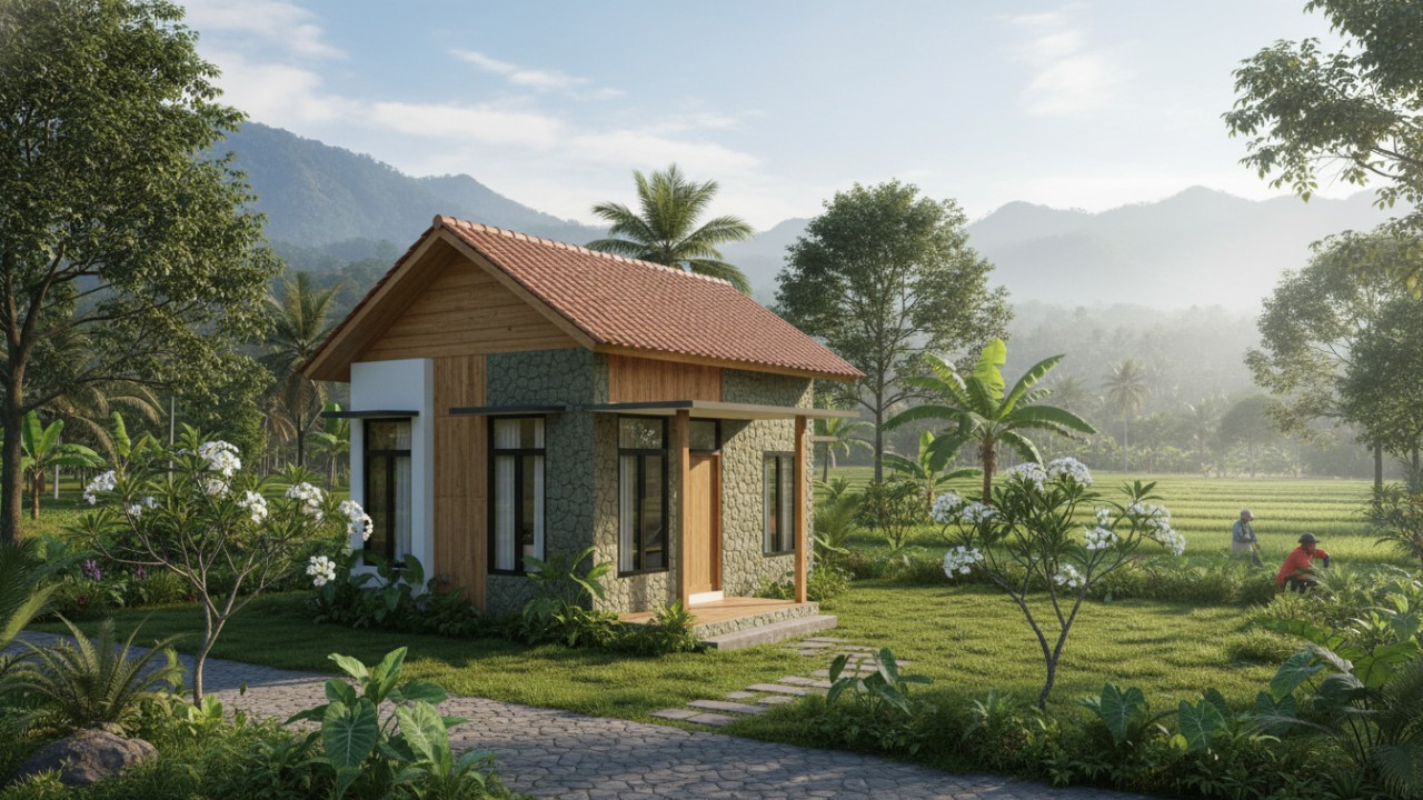 Rumah minimalis di pedesaan dengan material kayu dan batu, membuat suasana menyatu dengan alam