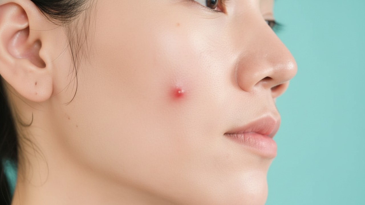 Ilustrasi seseorang yang sedang merawat wajah berjerawat dengan menggunakan produk skincare yang tepat, serta melindungi wajah dari sinar matahari dengan sunscreen