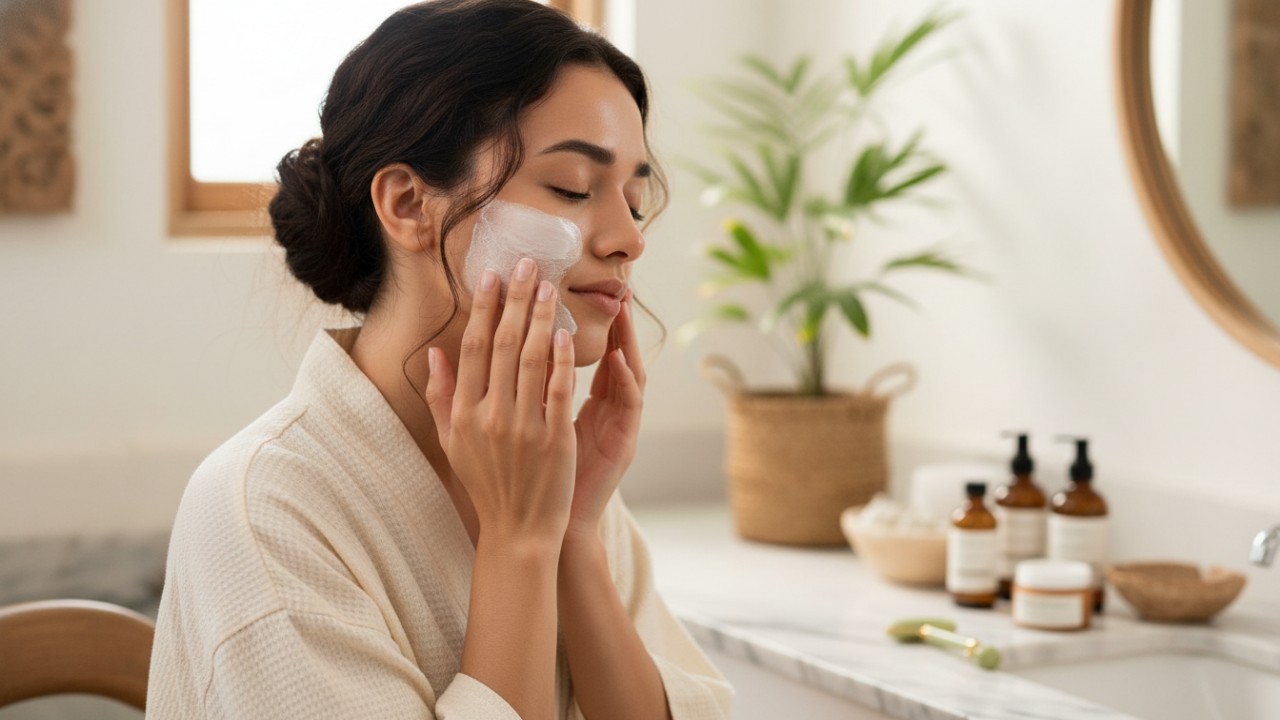 Ilustrasi seseorang yang sedang merawat wajah berjerawat dengan menggunakan produk skincare yang tepat, serta melindungi wajah dari sinar matahari dengan sunscreen