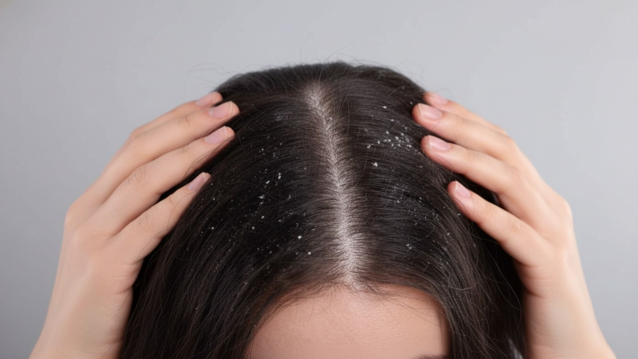 Ilustrasi perawatan rambut dengan tea tree oil, lidah buaya, dan minyak zaitun untuk mengatasi ketombe dan merawat kulit kepala.