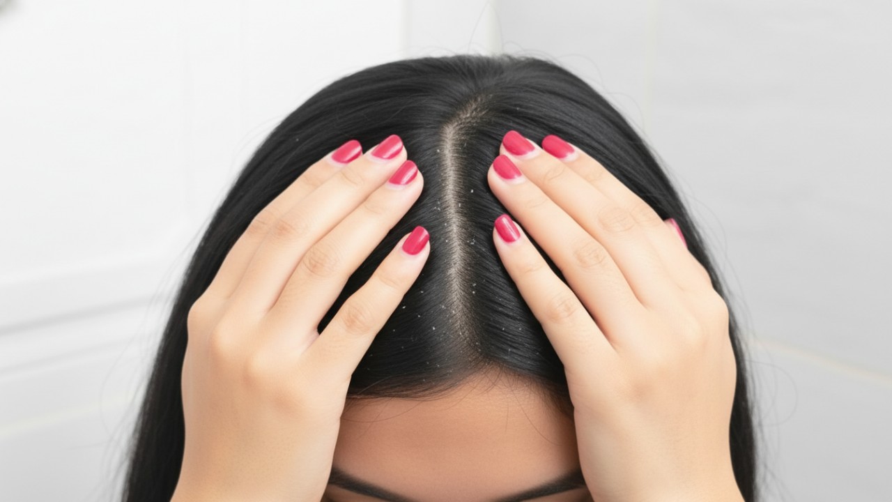 Ilustrasi perawatan rambut dengan tea tree oil, lidah buaya, dan minyak zaitun untuk mengatasi ketombe dan merawat kulit kepala.