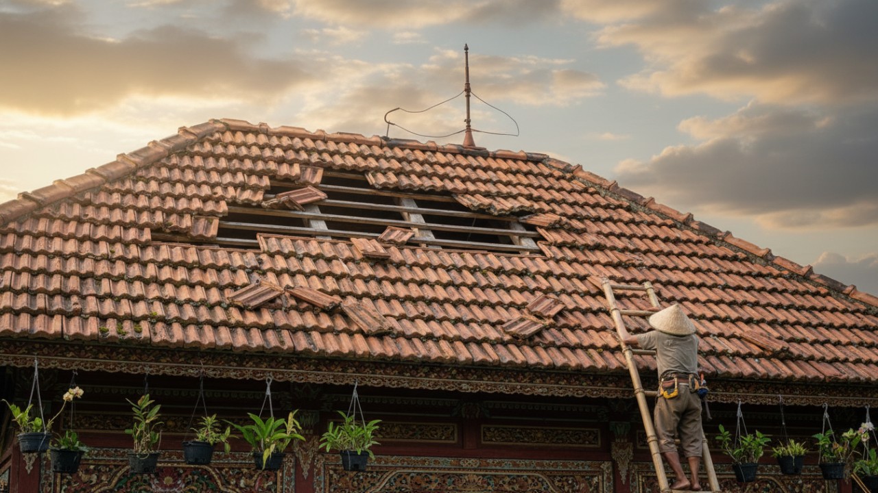 Ilustrasi kondisi atap rumah dengan plafon bernoda dan talang air penuh serpihan sebagai tanda awal kerusakan.