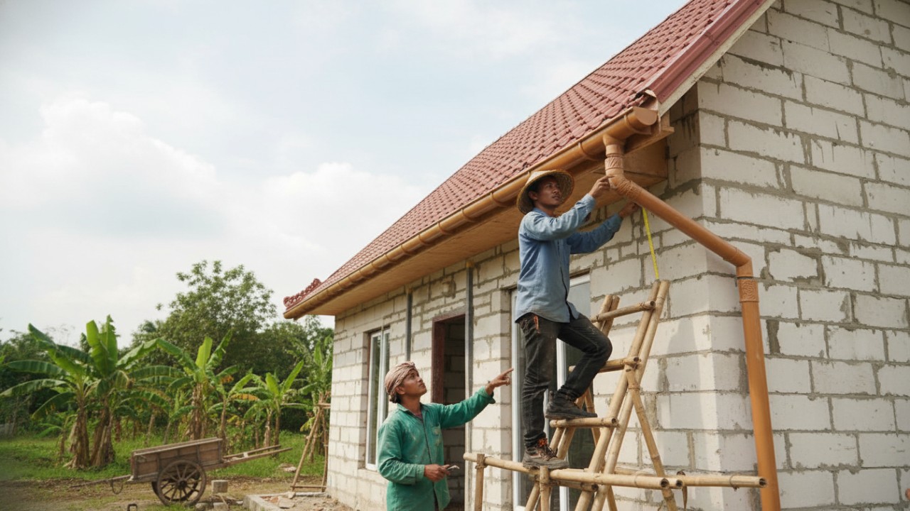 Ilustrasi kondisi atap rumah dengan plafon bernoda dan talang air penuh serpihan sebagai tanda awal kerusakan.