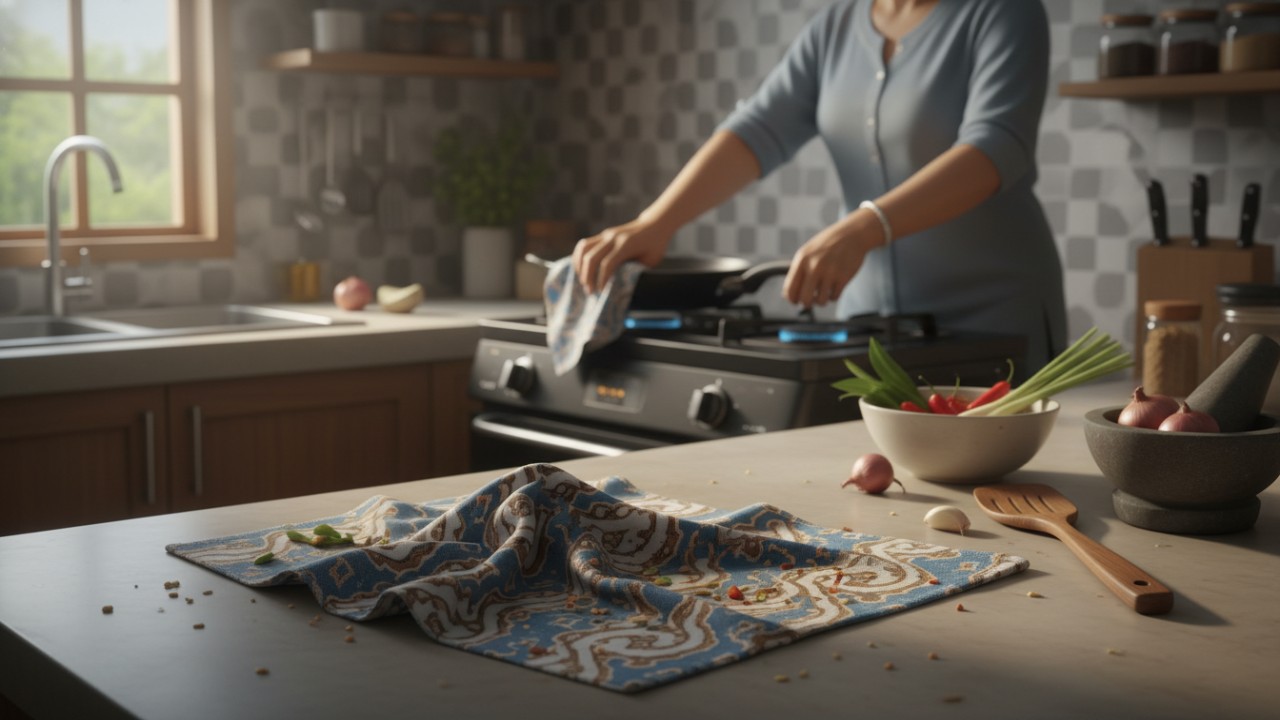 Lap dapur bersih dijemur di bawah sinar matahari, simbol perawatan sederhana agar dapur tetap higienis.