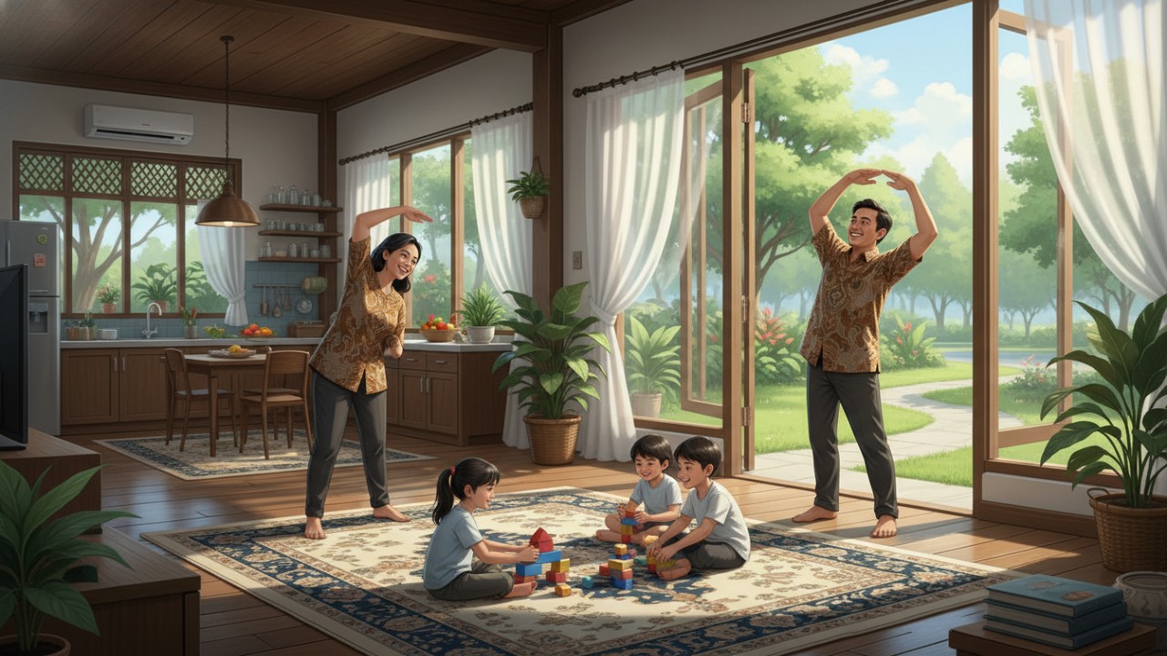 Ventilasi rumah terbuka dengan cahaya matahari masuk, simbol rumah sehat dan sirkulasi udara yang baik.