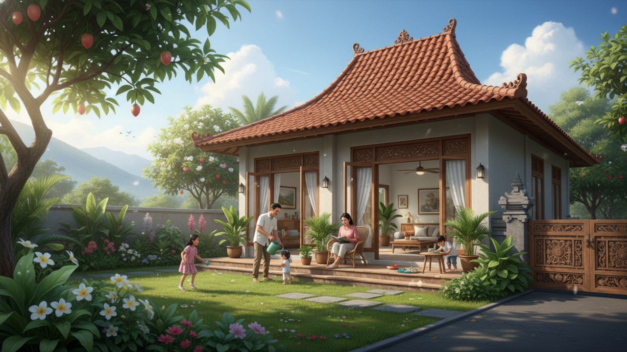 Ventilasi rumah terbuka dengan cahaya matahari masuk, simbol rumah sehat dan sirkulasi udara yang baik.