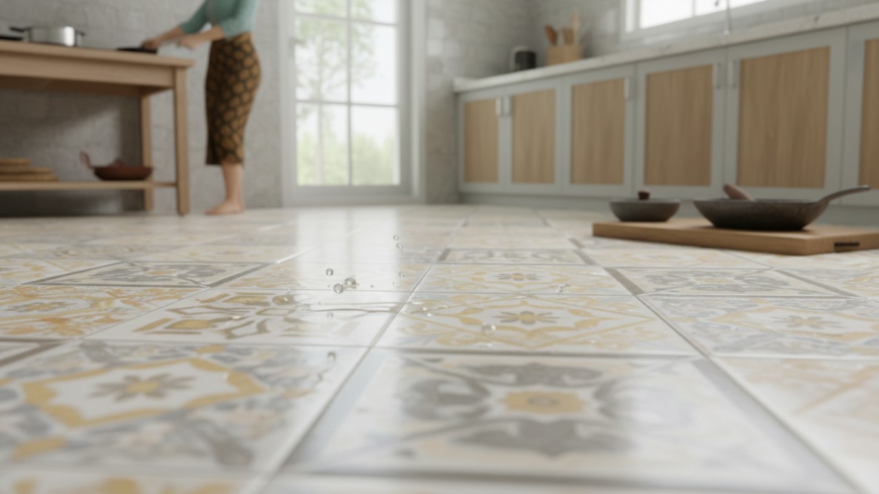 Keramik lantai dapur bertekstur kesat dengan warna terang yang mendukung keamanan dan kebersihan ruang memasak.