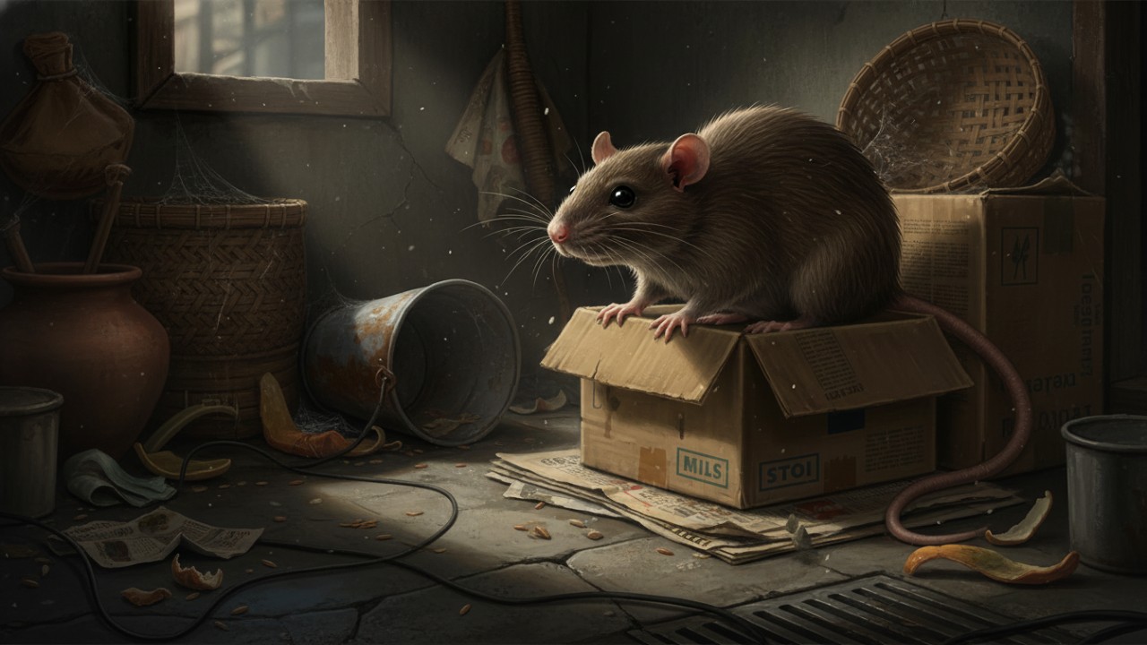 Ilustrasi tikus rumah di area dapur, mengingatkan pentingnya pencegahan sejak dini.