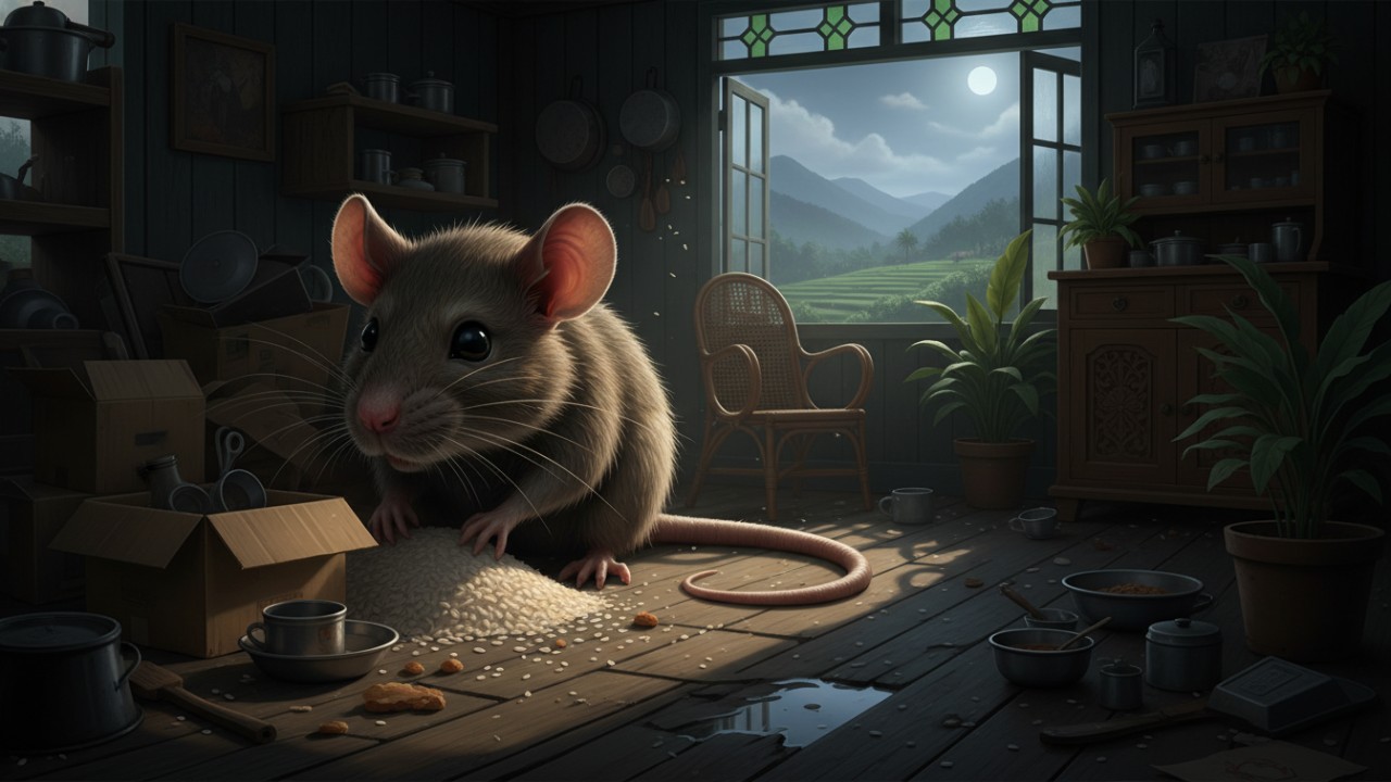 Ilustrasi tikus rumah di area dapur, mengingatkan pentingnya pencegahan sejak dini.