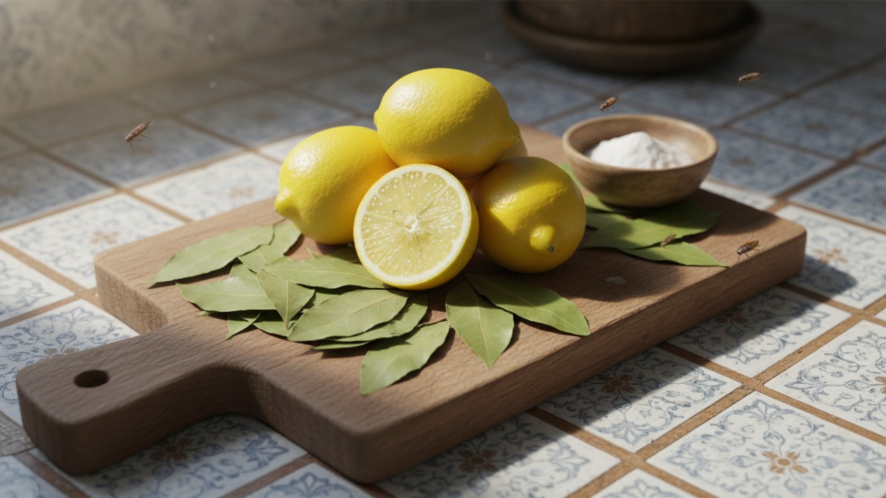 Ilustrasi bahan alami seperti lemon dan daun salam untuk membantu mengusir kecoa dari rumah.