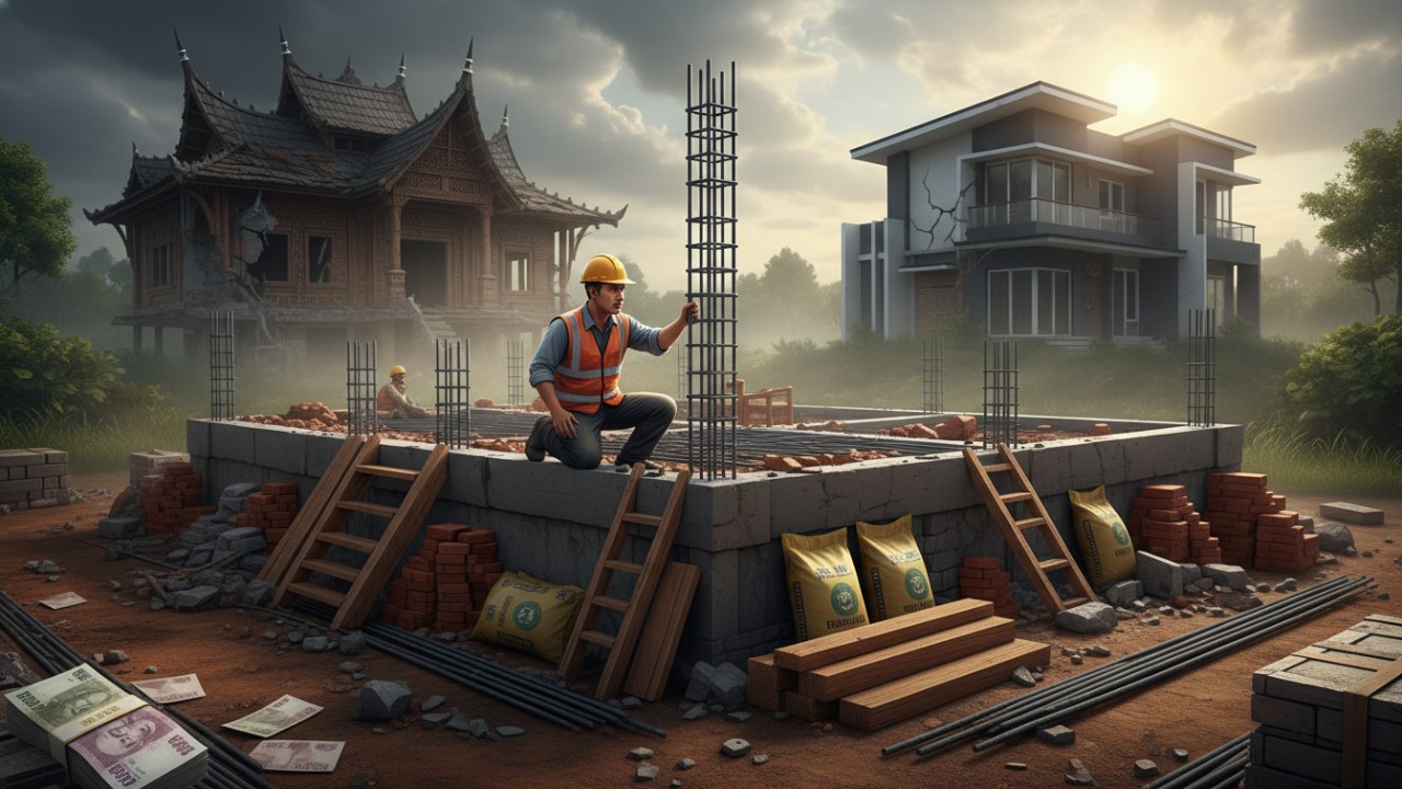 Ilustrasi material bangun rumah yang tersusun rapi sebagai simbol perencanaan hunian yang matang dan tahan lama.