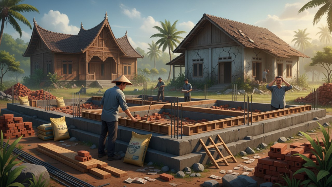Ilustrasi material bangun rumah yang tersusun rapi sebagai simbol perencanaan hunian yang matang dan tahan lama.