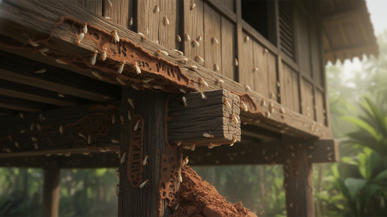 Ilustrasi rayap pada kayu rumah sebagai peringatan dini bahaya kerusakan bangunan.