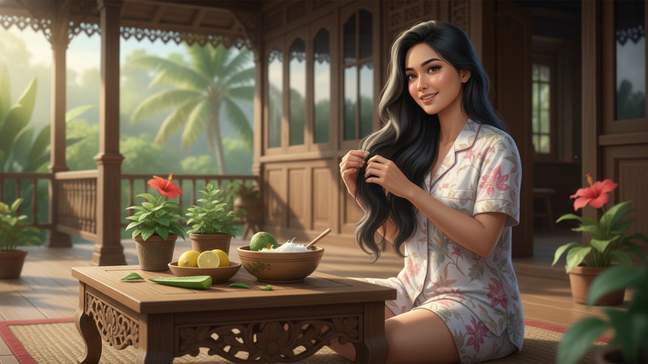 Ilustrasi perawatan rambut alami di rumah untuk hasil rambut lembut dan jatuh sehat