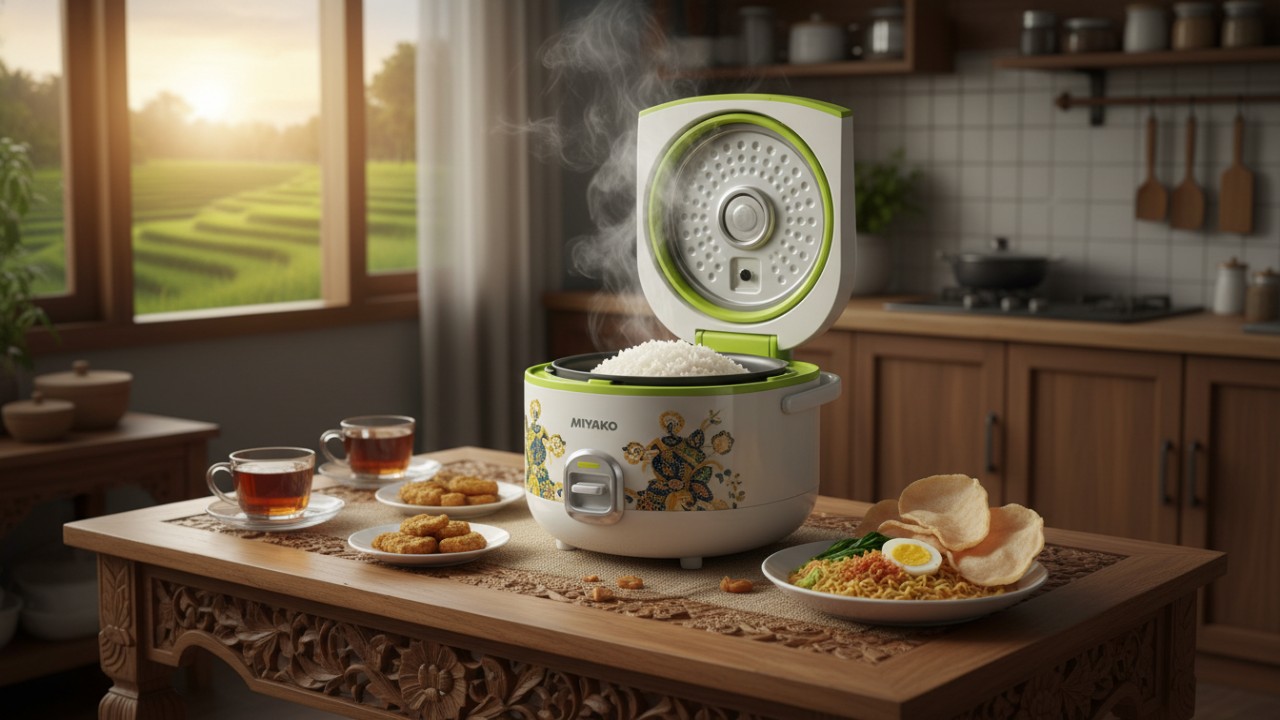 Rice Cooker Miyako MCM-586 dengan desain modern, panci anti lengket, dan kapasitas besar, cocok untuk memasak nasi dengan praktis dan cepat.