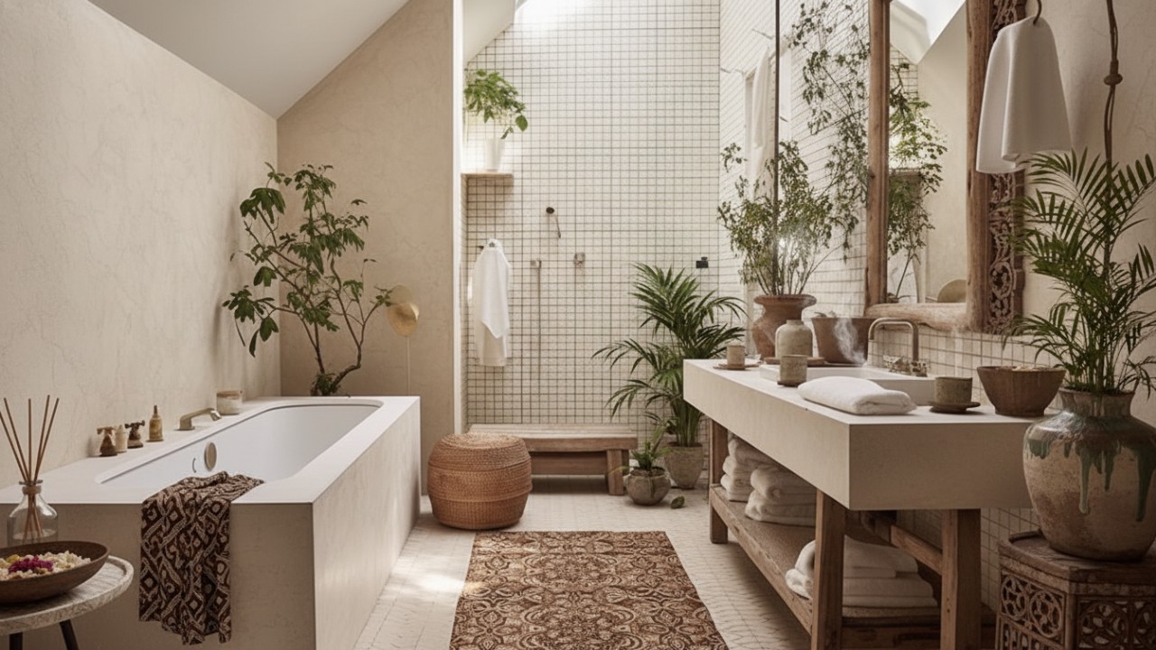 Kamar mandi minimalis dengan sentuhan warna netral dan material alami, membuat ruang terasa lebih luas dan nyaman.