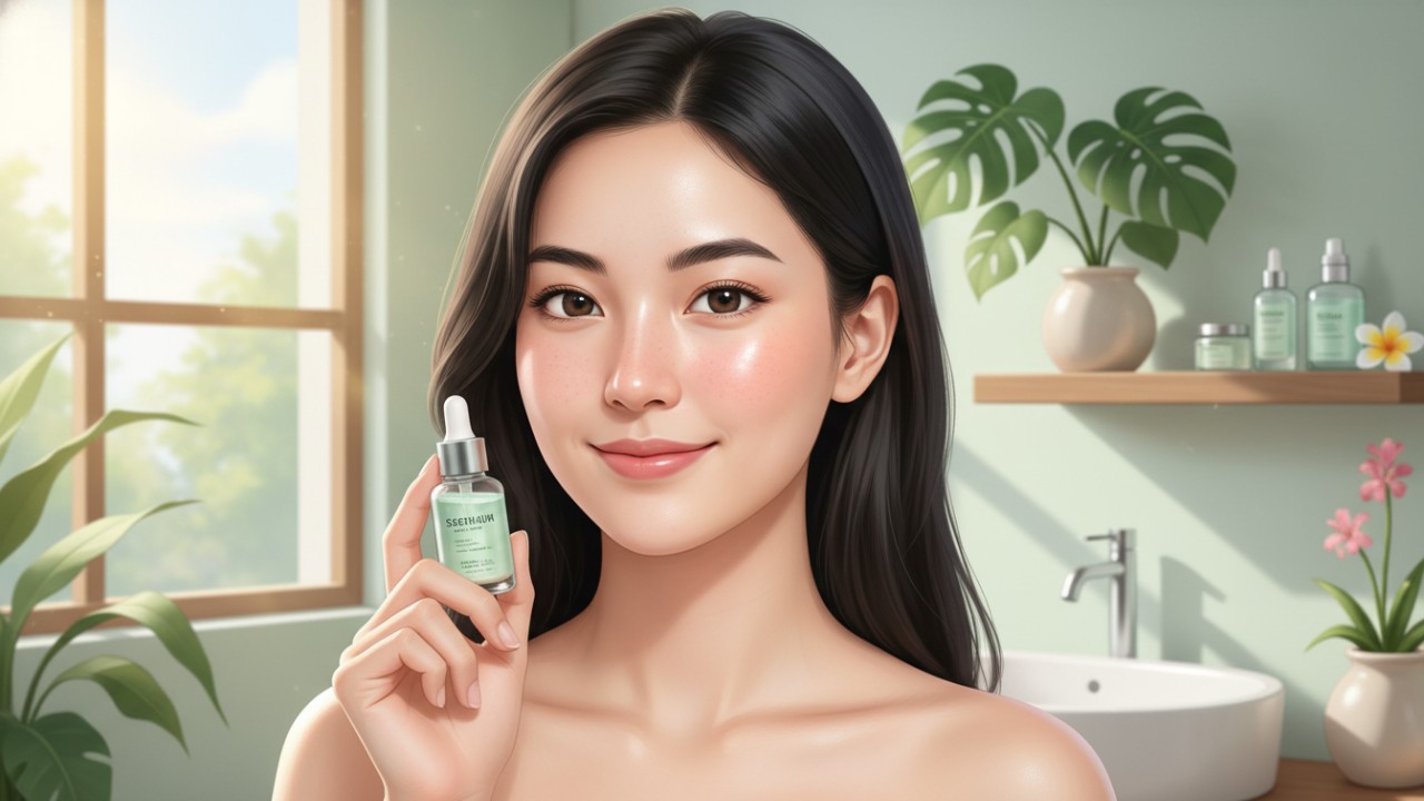 Ilustrasi perawatan wajah remaja dengan kulit bersih dan segar tanpa kilap.