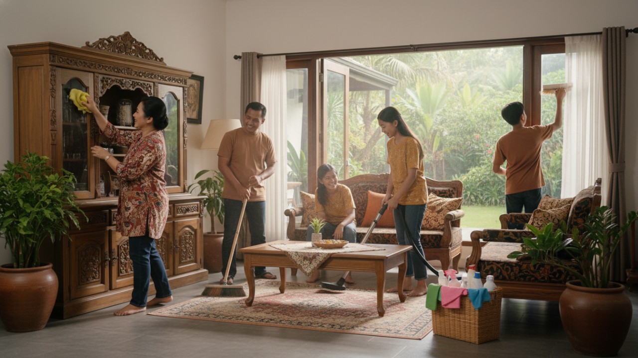 Ilustrasi rumah yang terawat dengan baik, dengan sirkulasi udara lancar, pembersihan rutin, dan perlindungan terhadap sinar matahari.