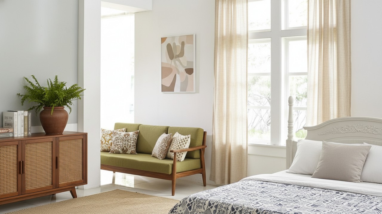 Ilustrasi rumah nyaman dengan pencahayaan alami, ventilasi yang baik, dan tanaman hias yang menyegarkan.