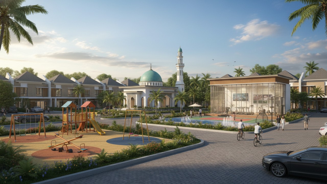 Ilustrasi rumah keluarga dengan taman luas dan fasilitas perumahan yang lengkap, memberikan kenyamanan dan keamanan.