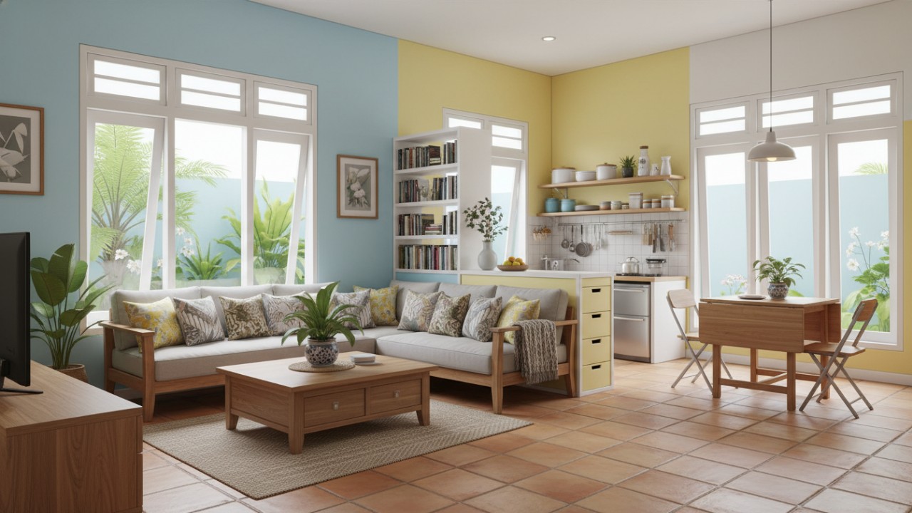 Ilustrasi rumah dengan konsep terbuka, perabot multifungsi, dan cat tembok cerah yang membuat ruangan sempit terlihat lebih luas.
