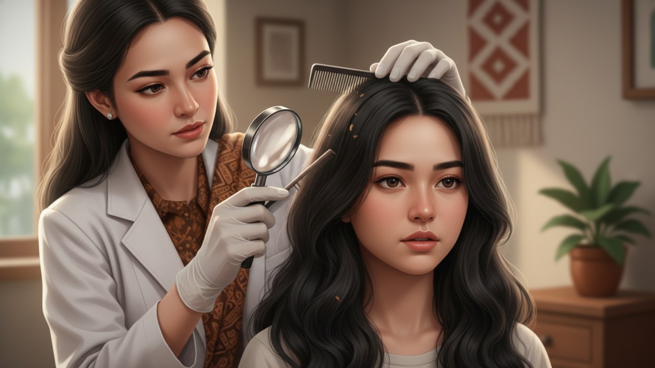 Ilustrasi pemeriksaan rambut dan kulit kepala untuk mengenali tanda kutu rambut sejak dini.