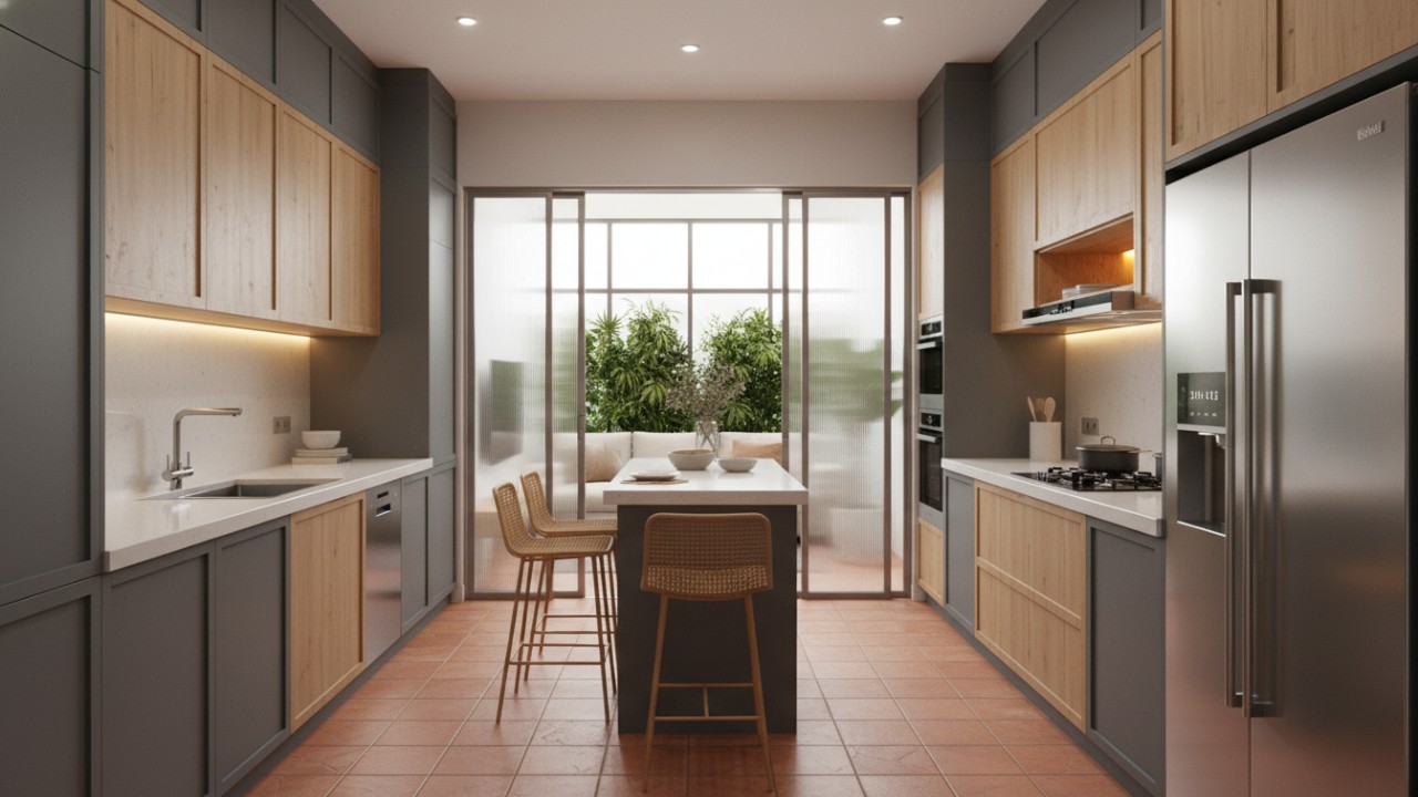 Perpaduan Warna Abu-abu, dapur tampak bersih dan modern