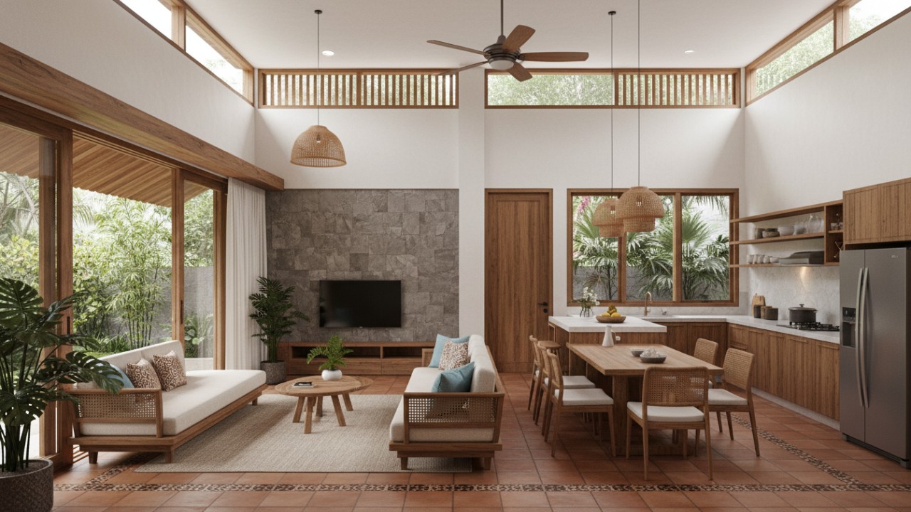 Dapur terbuka modern minimalis menyatu dengan ruang keluarga