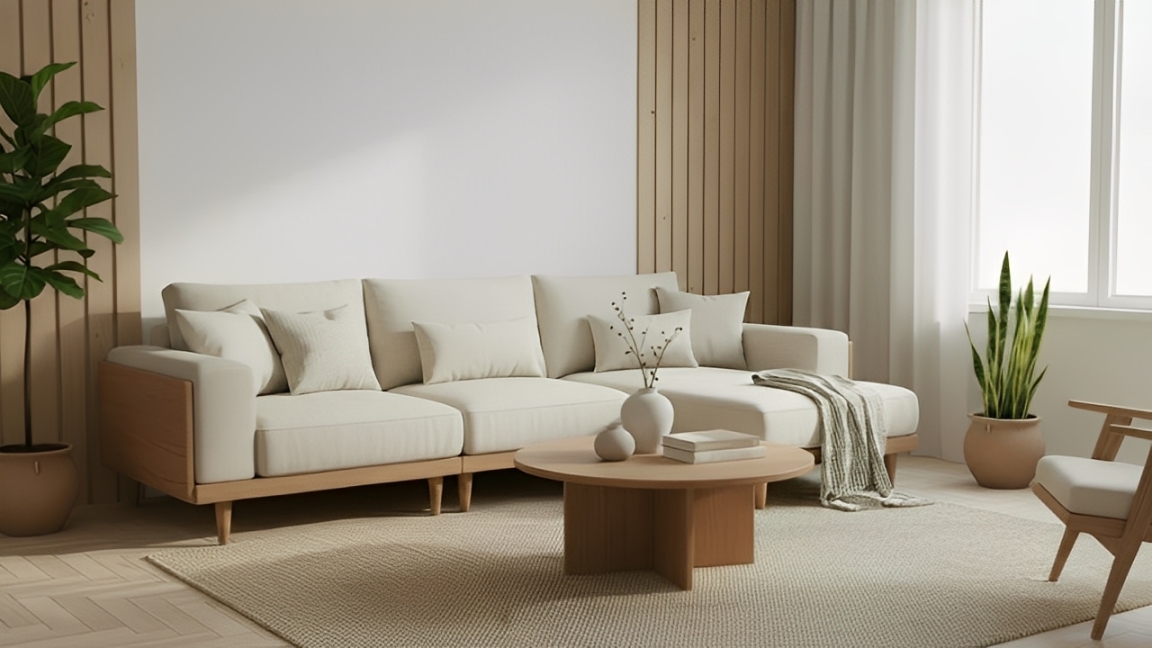 Sofa Japandi dengan dominasi warna krem dan material kayu terang menghadirkan suasana ruang tamu minimalis yang hangat dan nyaman.