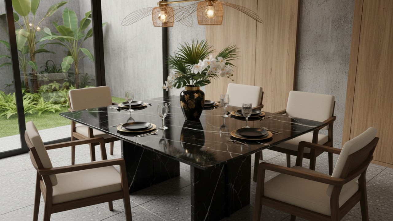 Meja makan marmer hitam