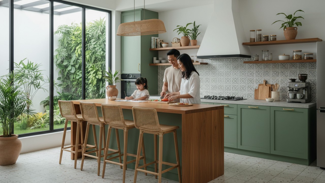 Ilustrasi desain dapur minimalis modern hingga ala kafe yang fungsional dan estetik untuk rumah mungil.