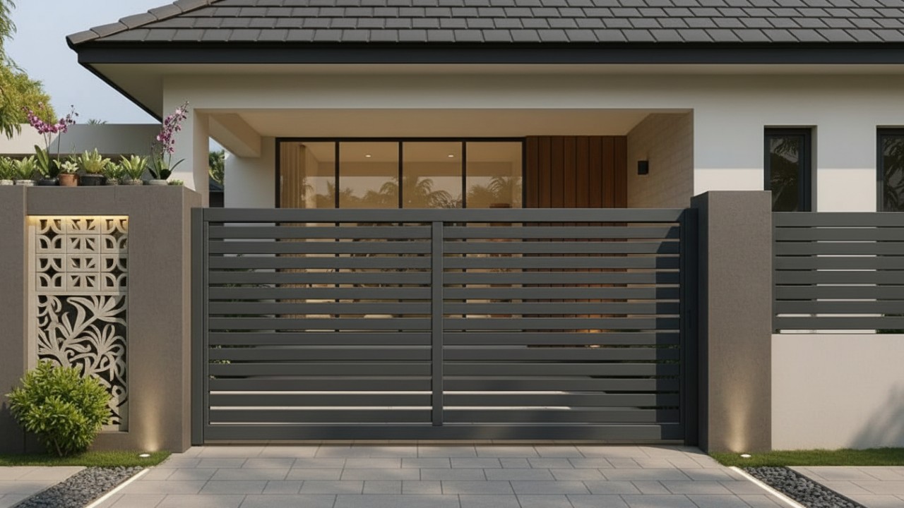 Pagar rumah minimalis dengan roster beton yang memberikan kesan bersih dan elegan. Pilihan ideal untuk rumah minimalis kamu, Cess!