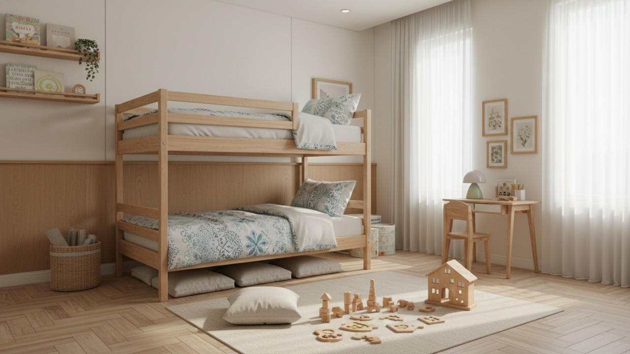 Ilustrasi kamar tidur anak minimalis dengan warna lembut, furnitur fungsional, dan ruang yang tertata rapi.