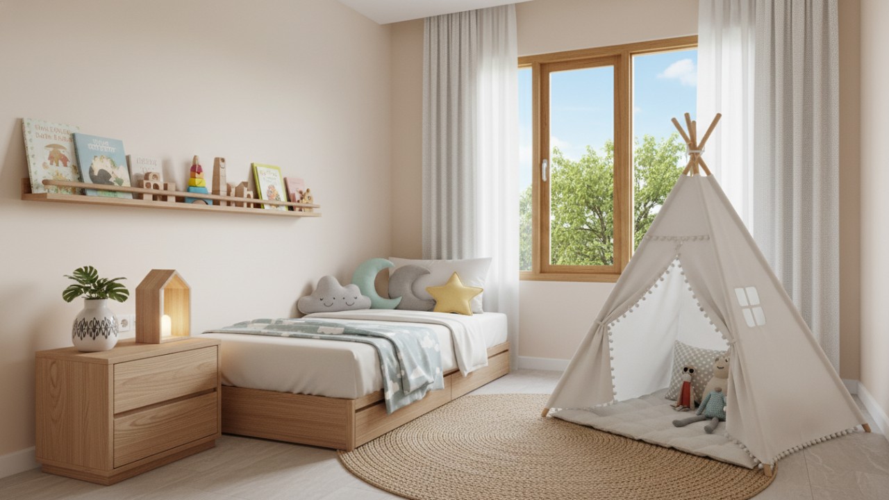 Ilustrasi kamar tidur anak minimalis dengan warna lembut, furnitur fungsional, dan ruang yang tertata rapi.