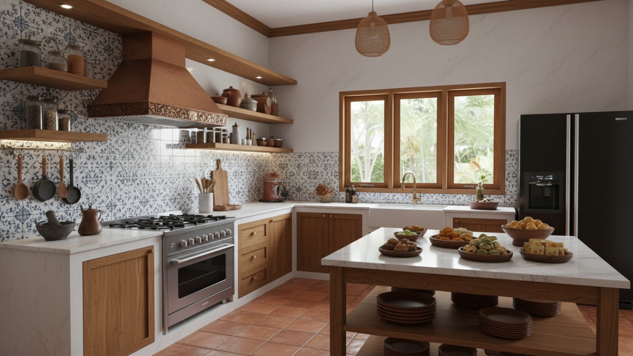 Dapur dengan bentul L dengan meja tambahan ditengah yang dapat dipindah