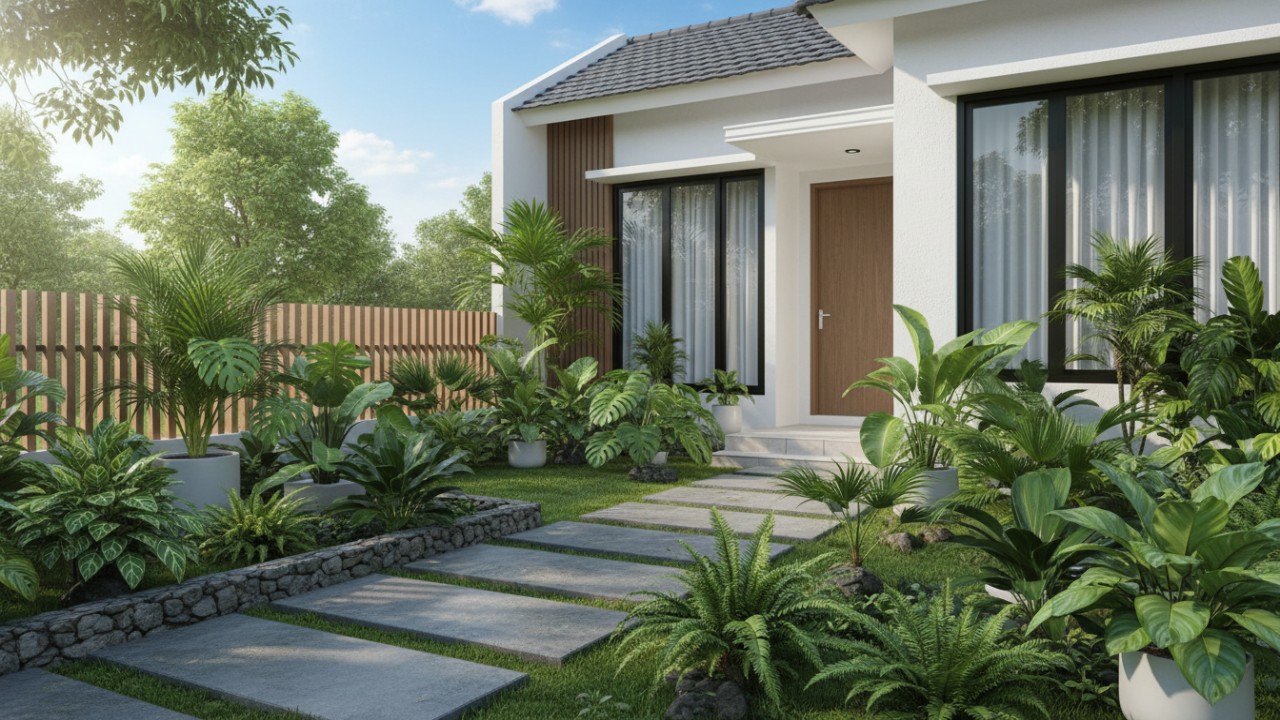 Taman depan rumah minimalis dengan tanaman hijau tertata rapi, memberi kesan segar sejak pandangan pertama.