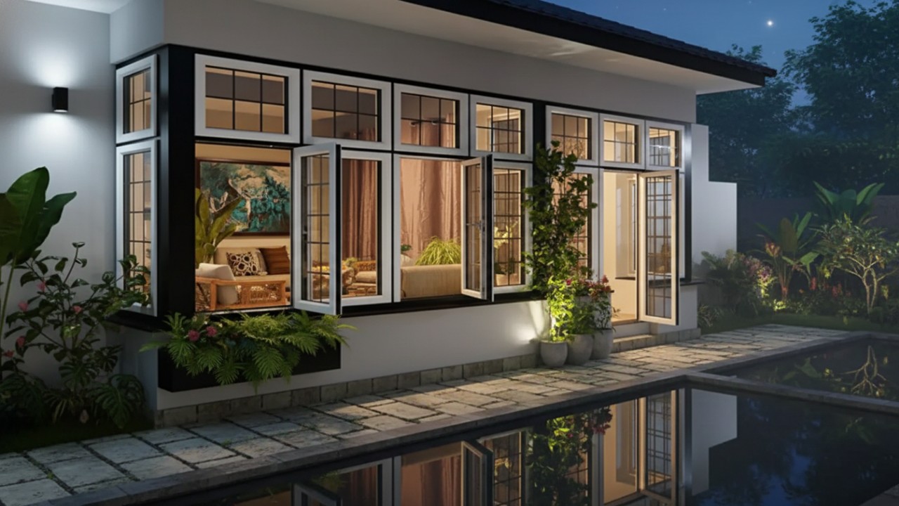 Jendela rumah minimalis dengan desain sliding yang praktis dan modern. Menambah kesan rapi dan minimalis di ruang tamu atau kamar tidur