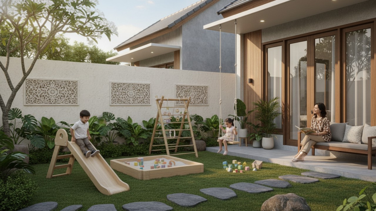 Ilustrasi taman bermain anak minimalis di halaman rumah dengan elemen aman dan ramah keluarga.