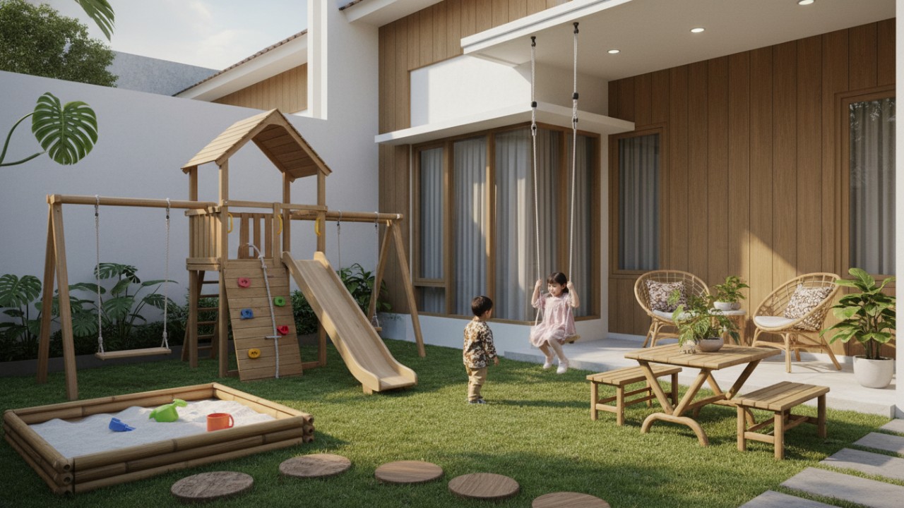 Ilustrasi taman bermain anak minimalis di halaman rumah dengan elemen aman dan ramah keluarga.