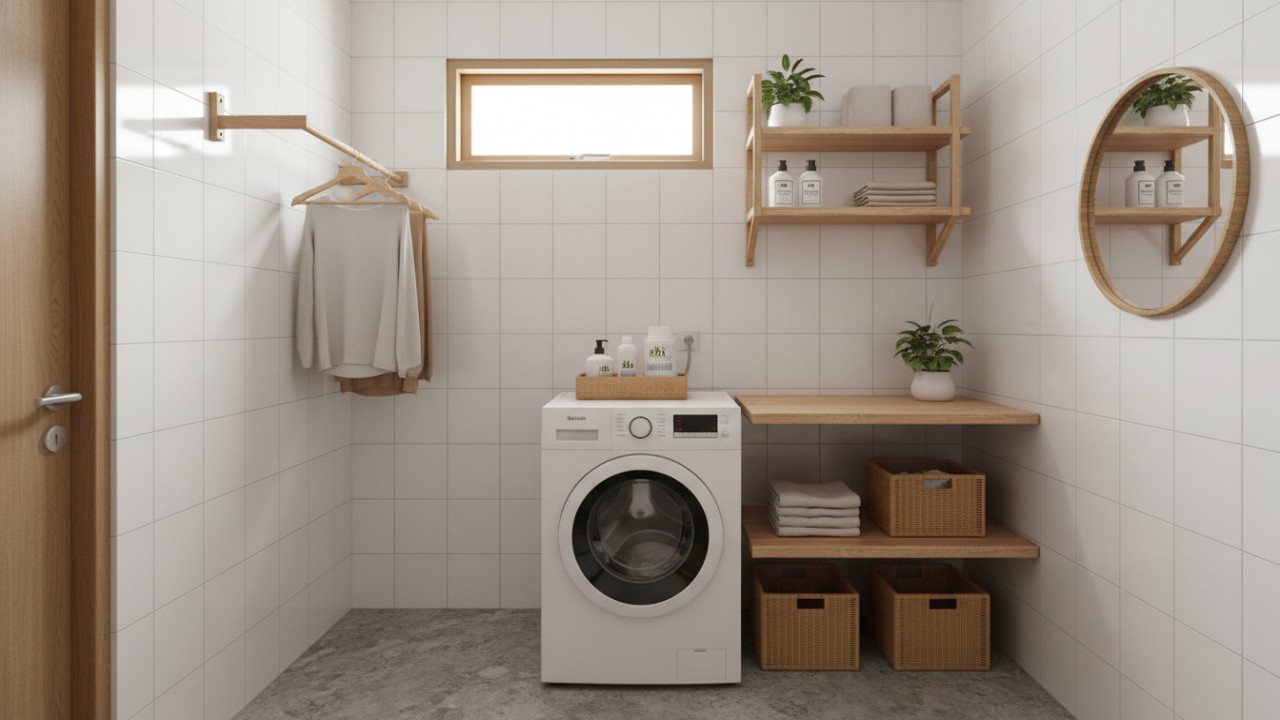 Ilustrasi ruang laundry kecil minimalis dengan pencahayaan alami yang membuat ruangan tampak rapi dan nyaman.