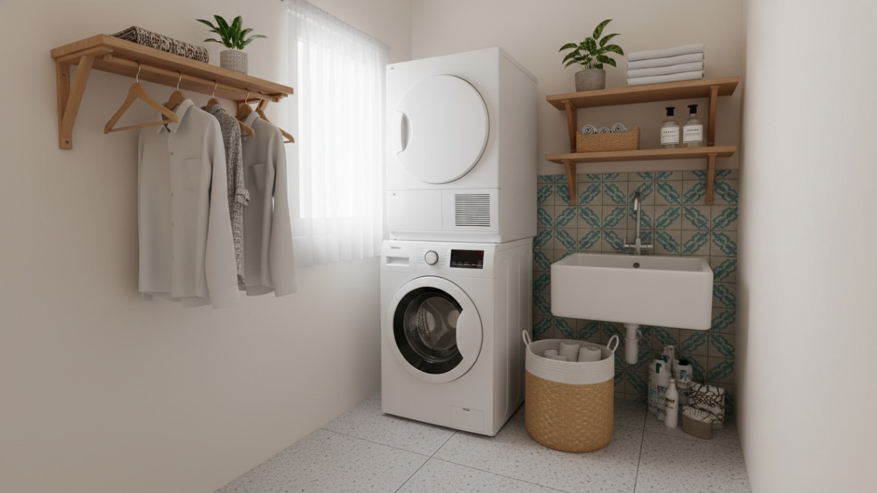 Ilustrasi ruang laundry kecil minimalis dengan pencahayaan alami yang membuat ruangan tampak rapi dan nyaman.