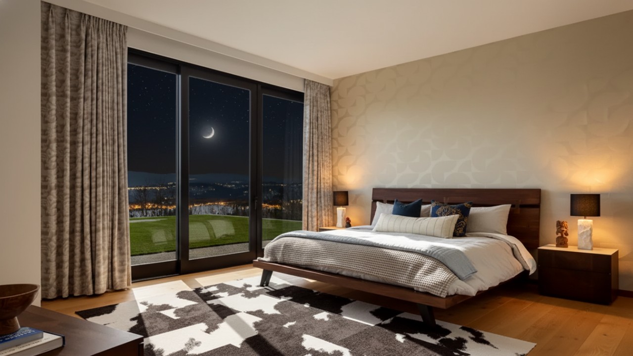 Interior kamar tidur minimalis dengan cat dinding biru, nakas praktis di samping tempat tidur, dan lampu dinding yang elegan menciptakan suasana cozy dan lapang